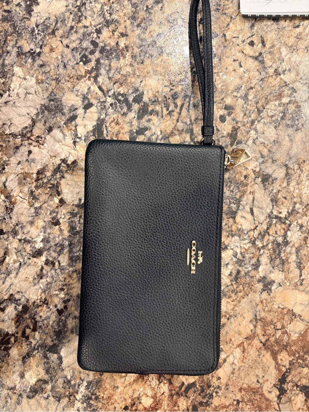 Coach Black Pebbled Leather Wristlet with Gold Logo